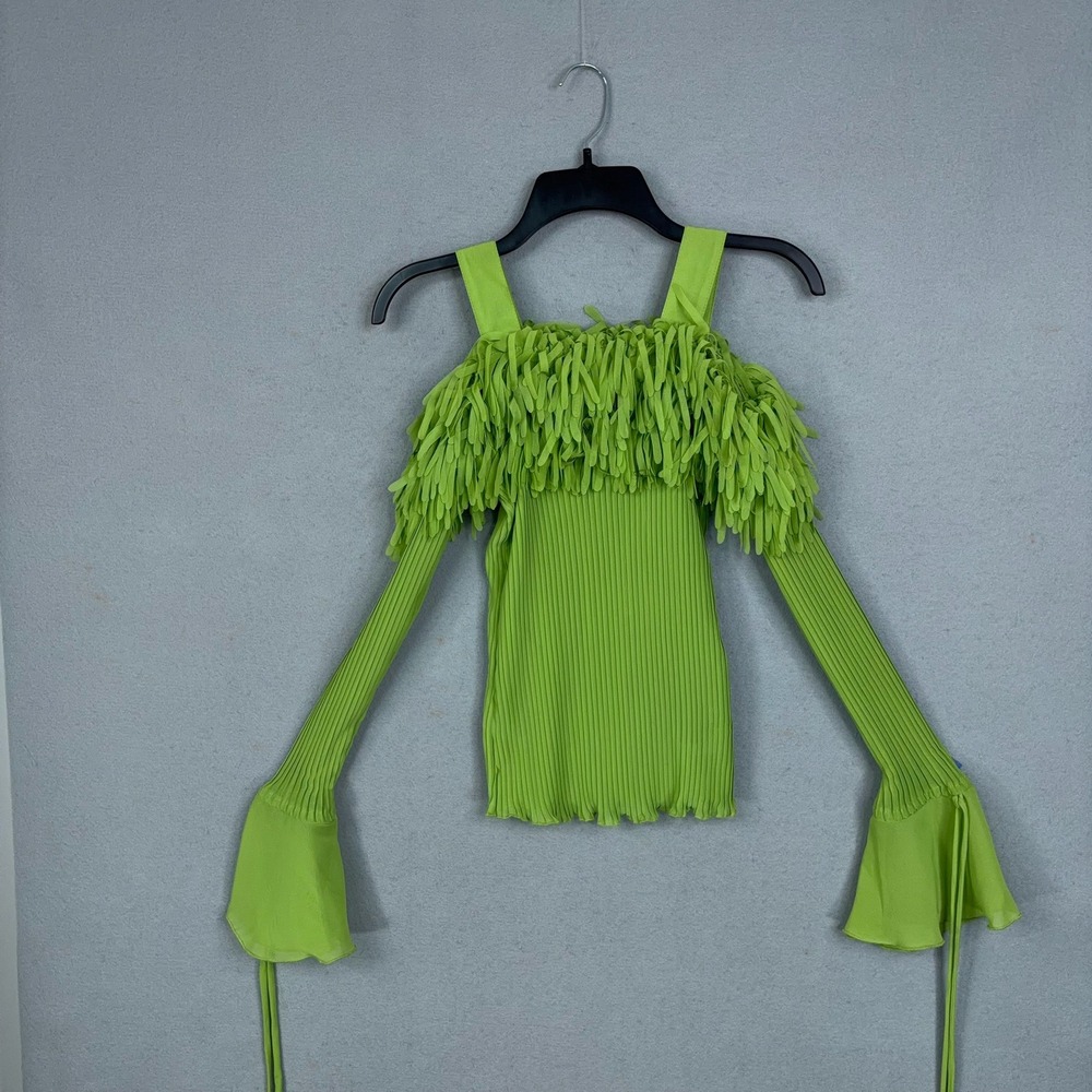 KAELYN-MAX Blouse Womens Small Green Cold Shoulder Shag Trim Pleated Party